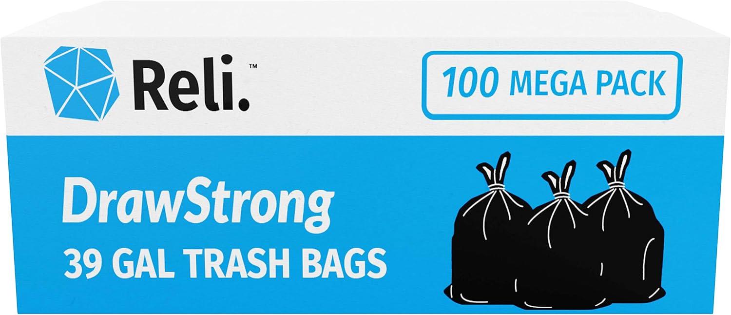 image:imageReli 39 Gallon Trash Bags Drawstring 100 Count Large 39 Gallon Heavy Duty Drawstring Trash Bags Garbage 39Gal Capacity Lawn Leaf 39Gal Black1 Count Pack of 100