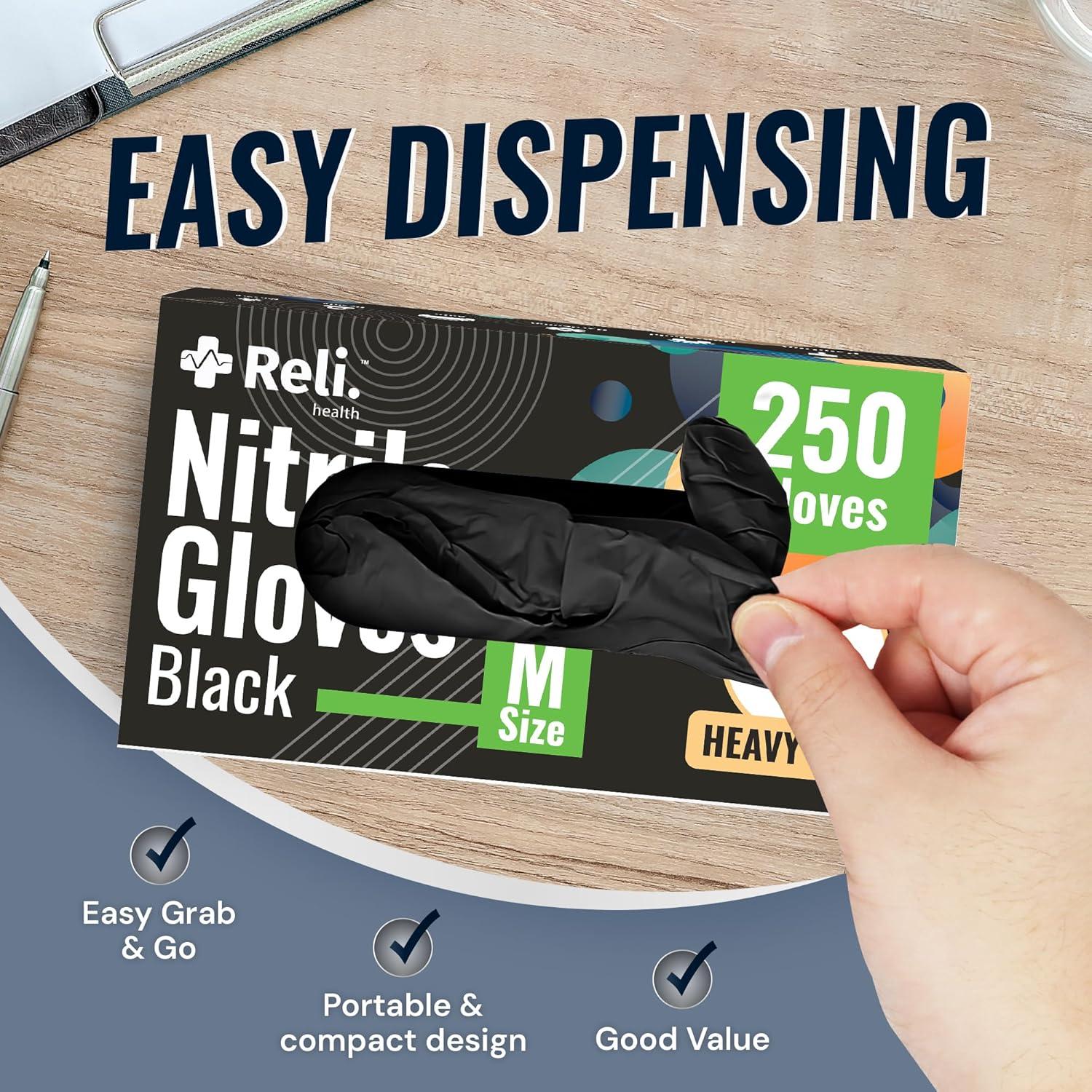 image:imageReli Black Nitrile Gloves Medium 500 Pack Heavy Duty Disposable Gloves 5 mil Powder Free Latex Free SingleUse Premium Nitrile Material for Automotive Cleaning Cooking Food Safe
