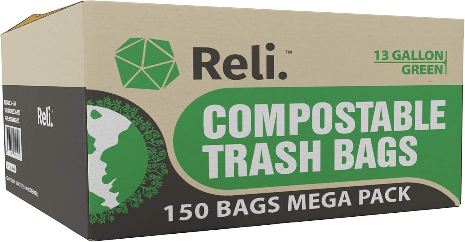 image:imageReli Compostable 13 Gallon Trash Bags 150 Count Bulk ASTM D6400 Green EcoFriendly For Compost