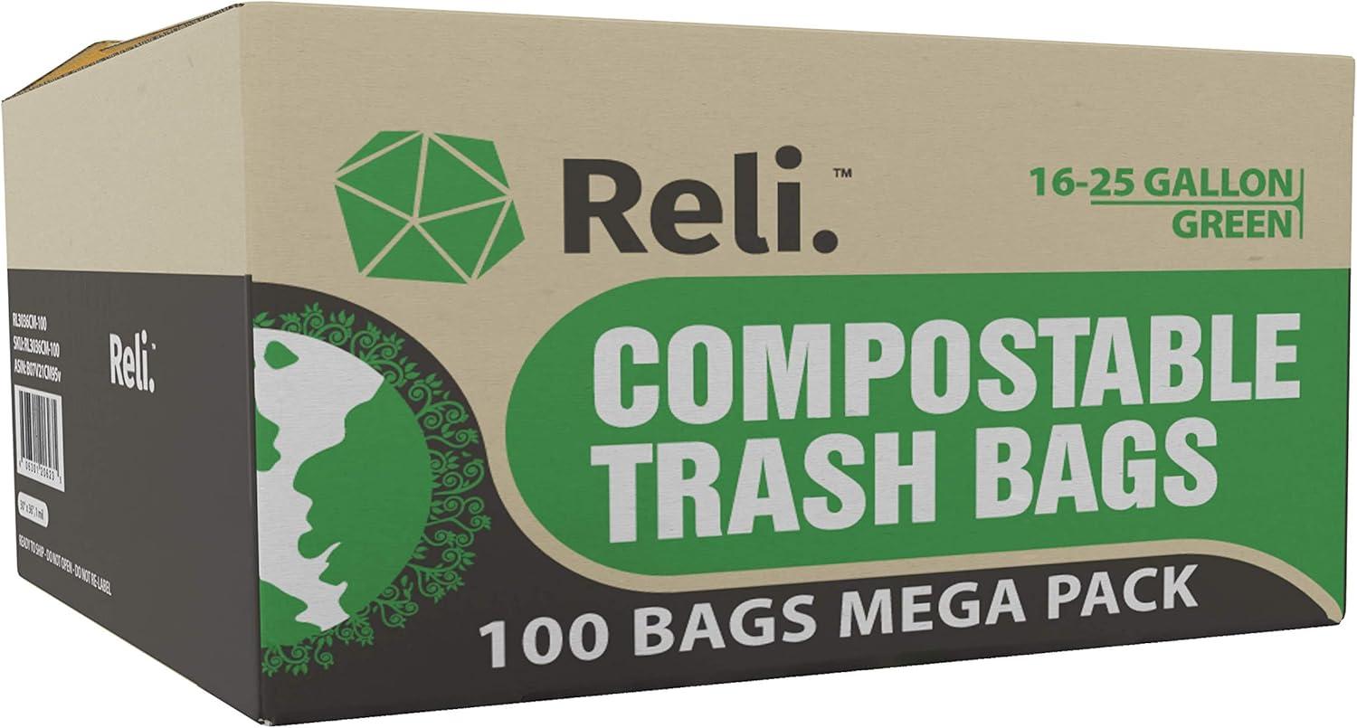 image:imageReli Compostable 1625 Gallon Trash Bags 100 Count Bulk ASTM D6400 Green EcoFriendly For Compost