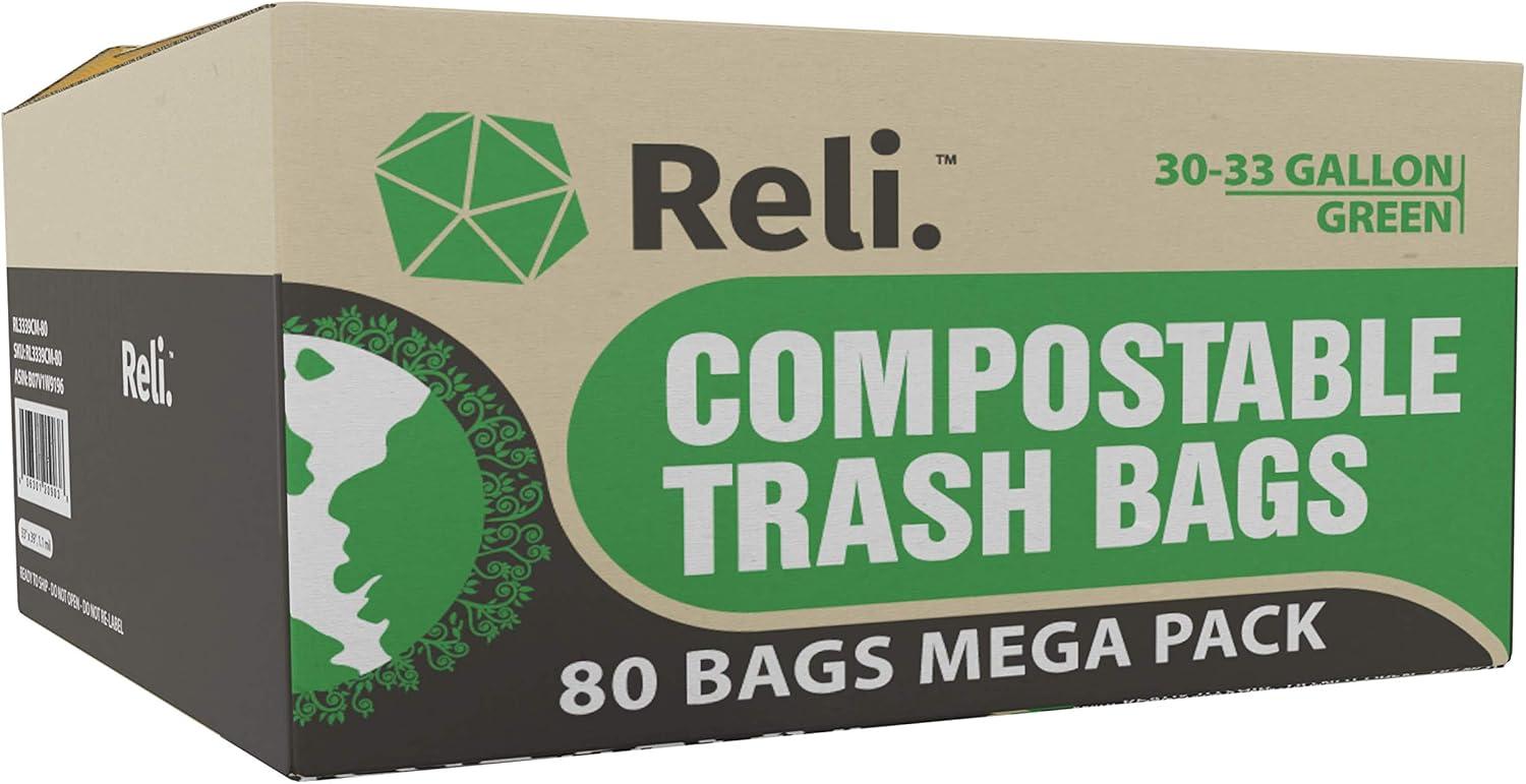image:imageReli Compostable 33 Gallon Trash Bags 80 Count Bulk ASTM D6400 Green EcoFriendly For Compost