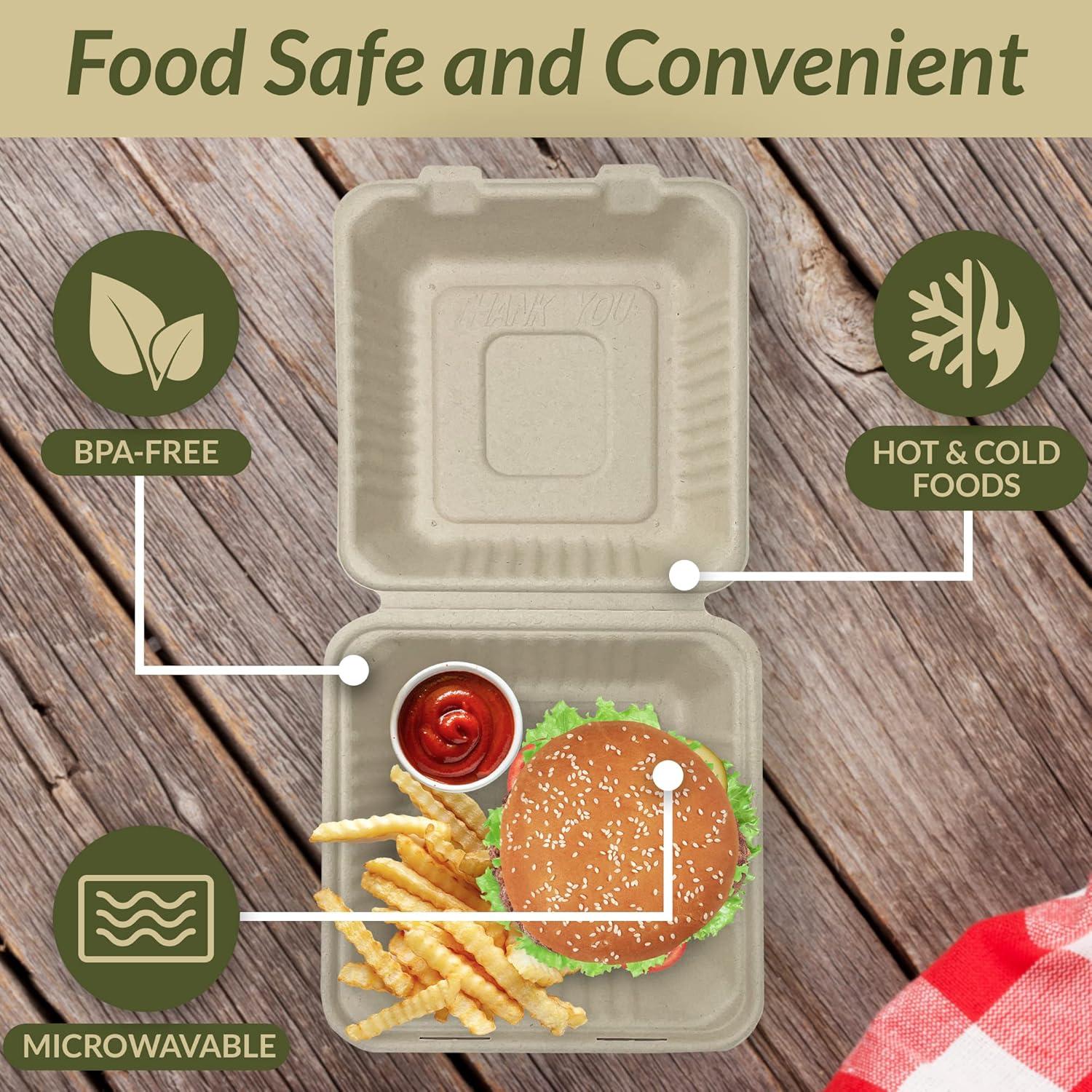 image:imageReli Compostable Clamshell ToGo Containers 90 Pack 8x8 Inch 1 Compartment Disposable Take Out Food ContainersTo Go Boxes Biodegradable To Go Containers Bagasse Clam shell Brown 8x8