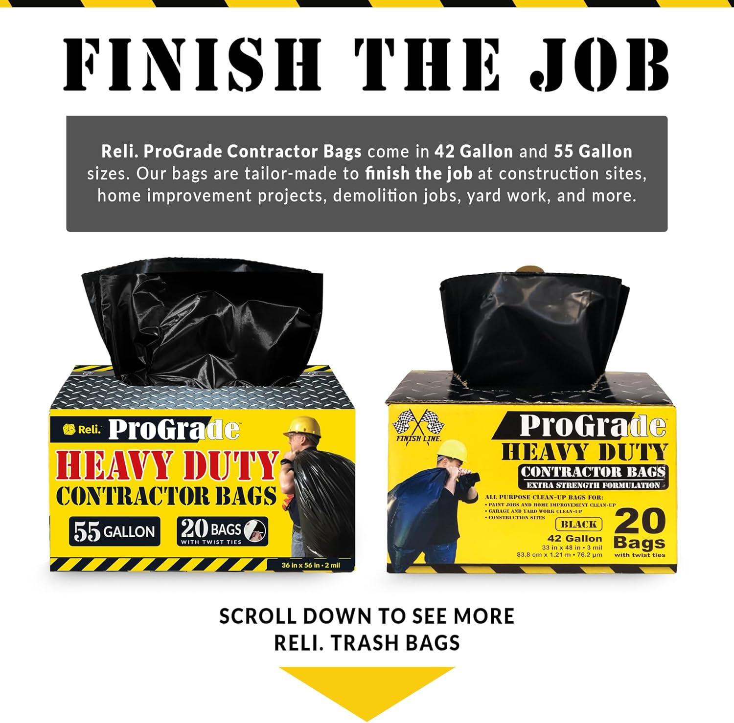 image:imageReli Contractor Garbage Bags 55 Gallon 40 Trash Bags Heavy Duty Black Contractor