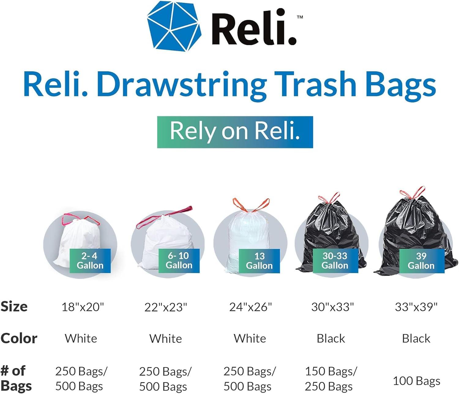 image:imageReli Drawstring Trash Garbage Bags Tall Kitchen 250 Count Bulk White 13 Gallon 16 Gallon Capacity