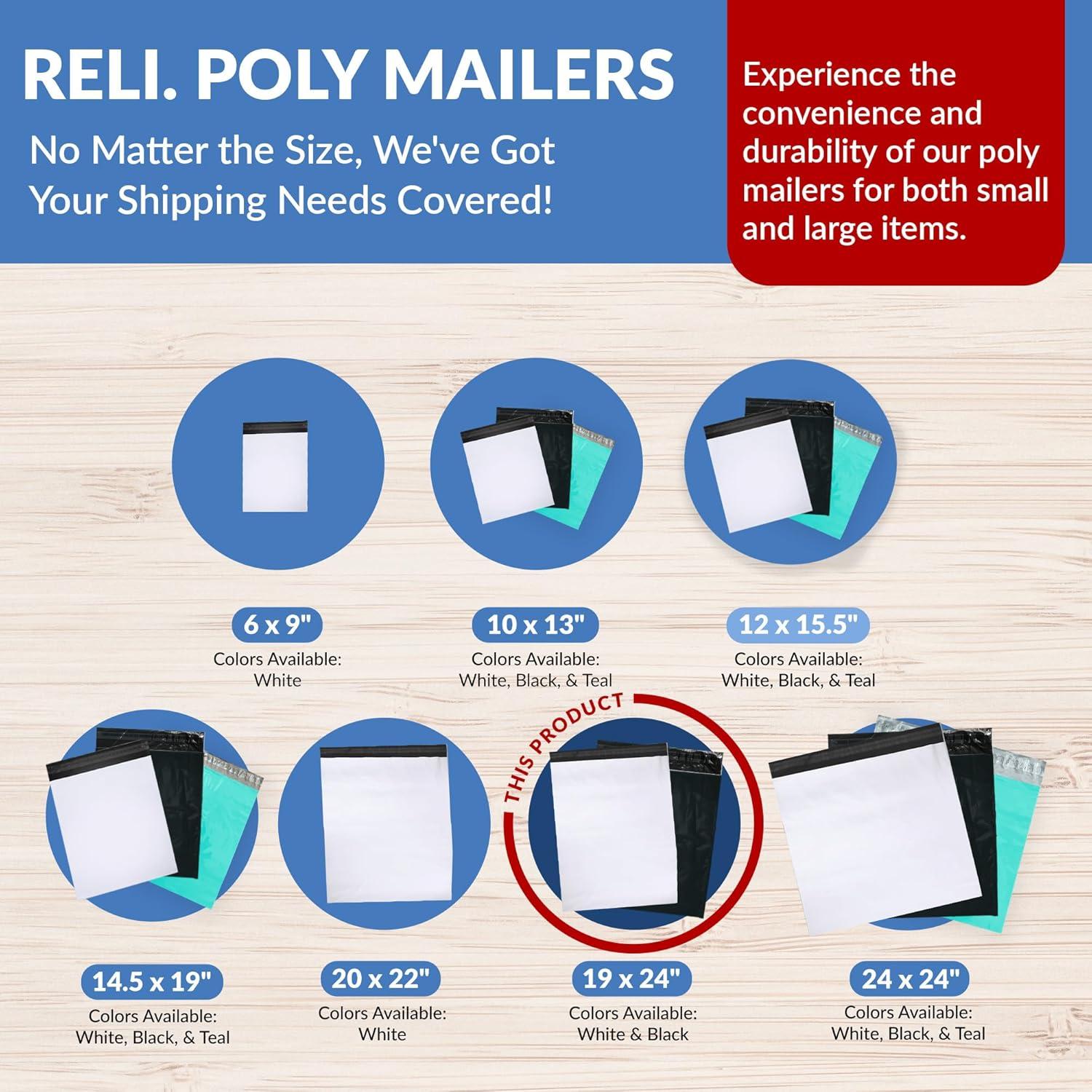 image:imageReli Poly Mailers 19x24 250 Pcs Bulk Large Poly MailersShipping Bags Plastic Mailing BagsPoly Bags for Shipping NonPadded Polymailers Self Sealing Mailers Bulk White