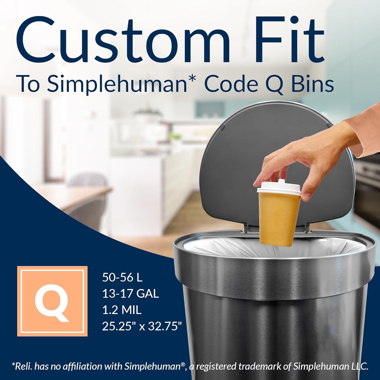 image:imageReli SuperFit Code Q 225 Count Compatible with Simplehuman Code Q Custom Fit Liners Drawstring Trash Bags 5065 Liter 1317 Gallon White Roll Pack