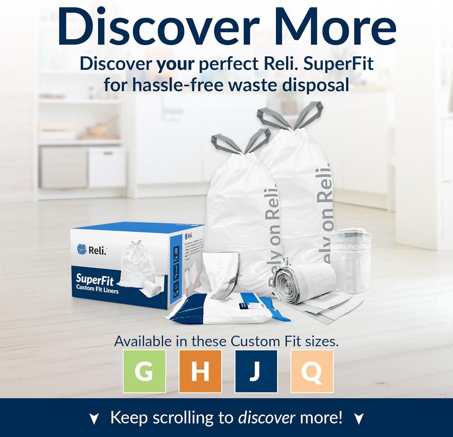 image:imageReli SuperFit Code Q 225 Count Compatible with Simplehuman Code Q Custom Fit Liners Drawstring Trash Bags 5065 Liter 1317 Gallon White Roll Pack