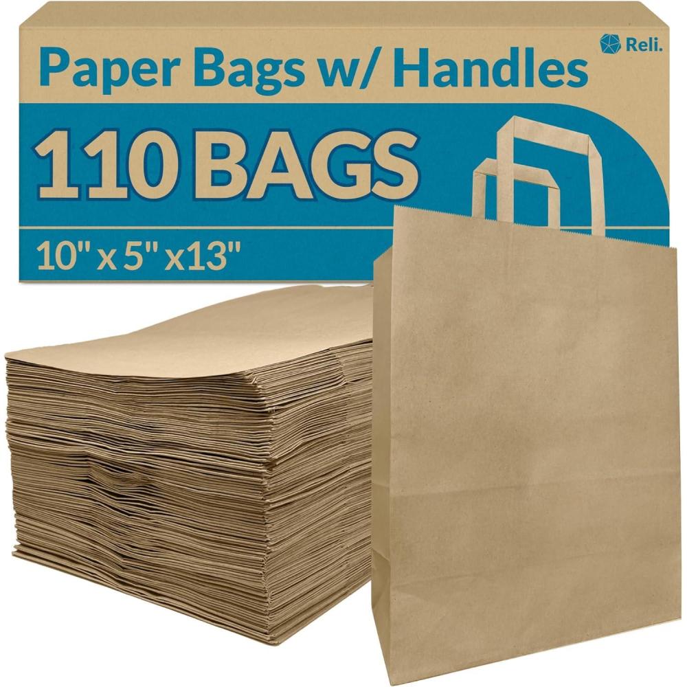 image:imageReli 10x5x13 in Brown Paper Bags with Handles 110 Pack Kraft Paper Shopping Bags with Flat Handles Bulk Ideal for Gifts Retail Shopping Merchandise Take OutTo Go Party Crafts