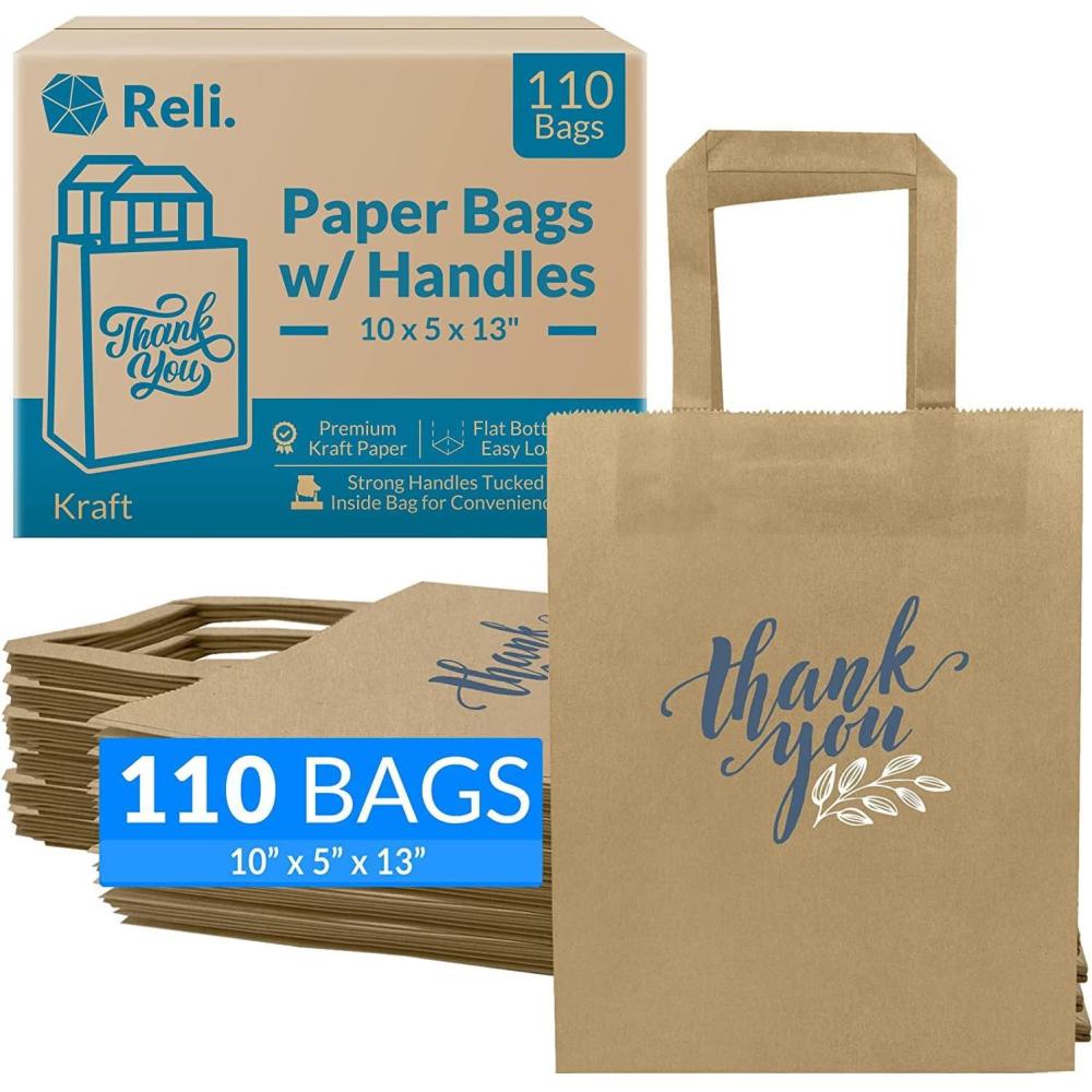 image:imageReli 110 Pack 10x5x13 Paper Thank You Bags wHandles Brown Paper Bags Printed Small Thank You Giftbag for Guests Gifts Wedding Merchandise Small Business