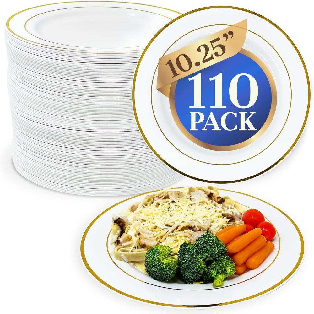 image:imageReli 110 Pcs Plastic Dinner Plates Disposable 1025 inch White wGold Rim Heavy Duty Plates for Party Elegant Dinner Wedding Birthday White Hard Plastic