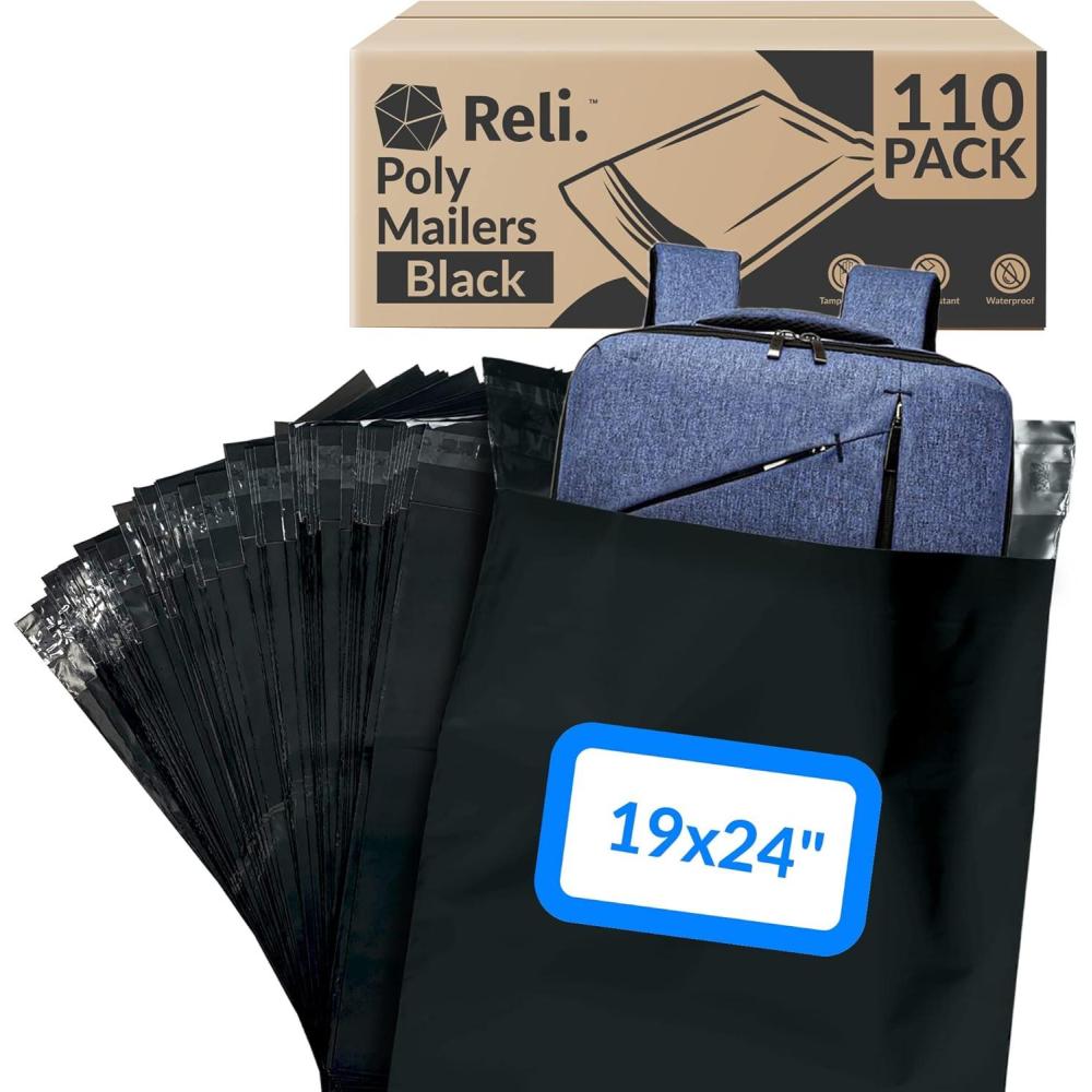 image:imageReli 110 Pcs Poly Mailers 19x24 Black Large Shipping Bags for Small Business Mailing Bags for Shipping Packaging for Clothing NonPadded EnvelopesPolybags Self Sealing