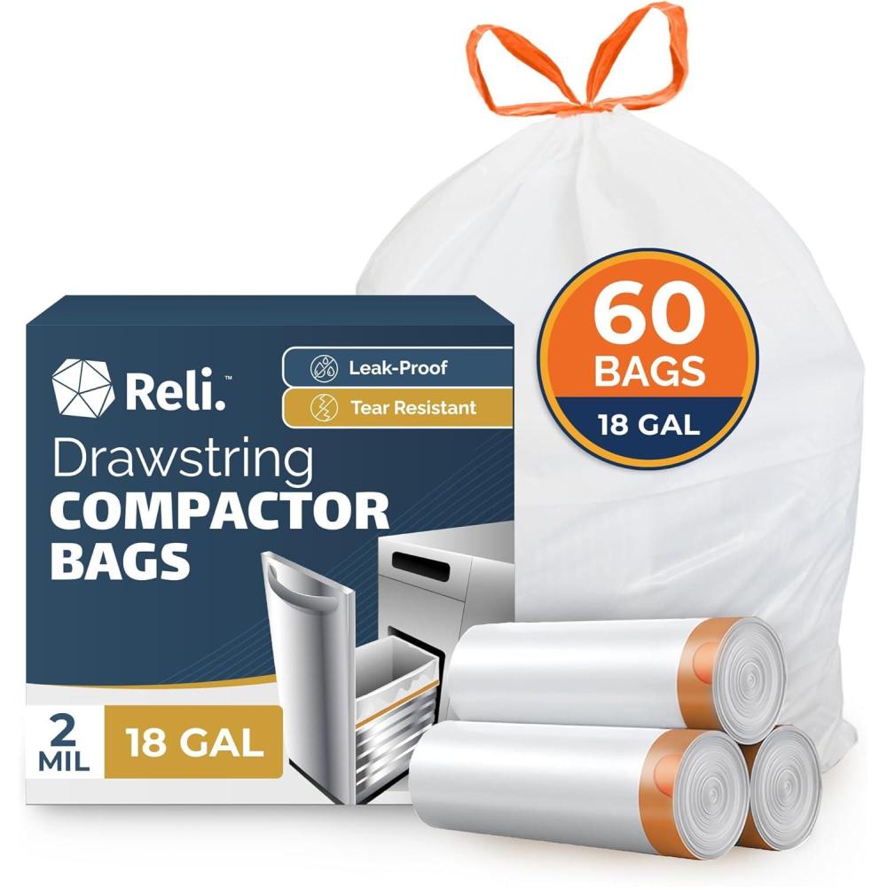 image:imageReli 18 Gallon Trash Compactor Bags 60 Pack 2 Mil Heavy Duty Compatible with Kitchenaid Whirpool GE 15 Inch Compactors No Slip Drawstring Kitchen Trash Bags LeakProof amp Tear Resistant