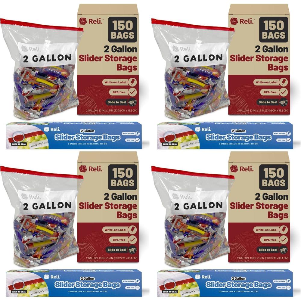 image:imageReli 2 Gallon Slider Bags 150 Count 13x15 inch Jumbo Food Storage Bags 2 Gallon Slider Write on Label Bulk 2Gal Sliding Storage Extra Large Clear wRed Sliding Closure for Food2 Gallons 13x15 inch Pack of 4