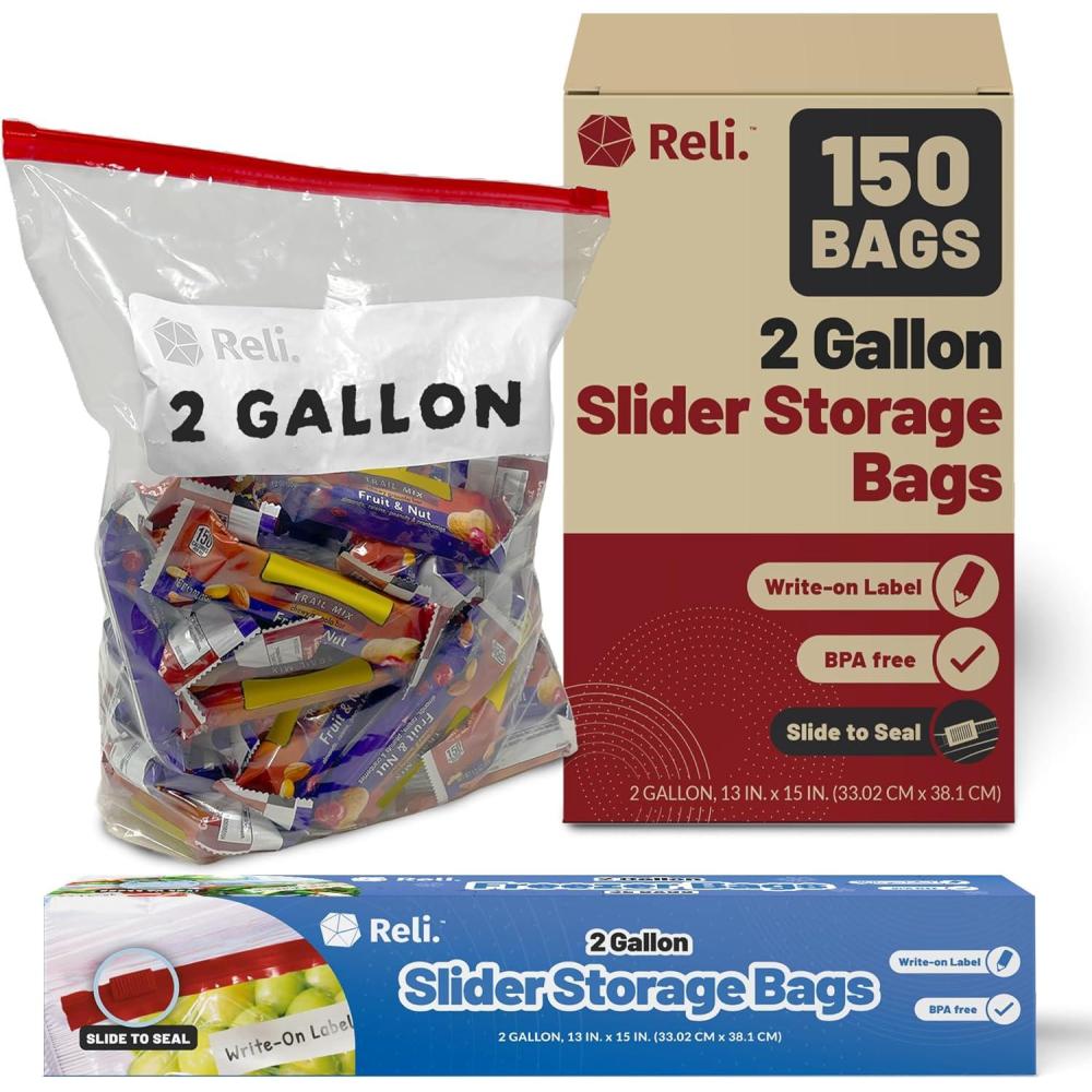 image:imageReli 2 Gallon Slider Bags 150 Count 13x15 inch Jumbo Food Storage Bags 2 Gallon Slider Write on Label Bulk 2Gal Sliding Storage Extra Large Clear wRed Sliding Closure for Food2 Gallons 13x15 inch