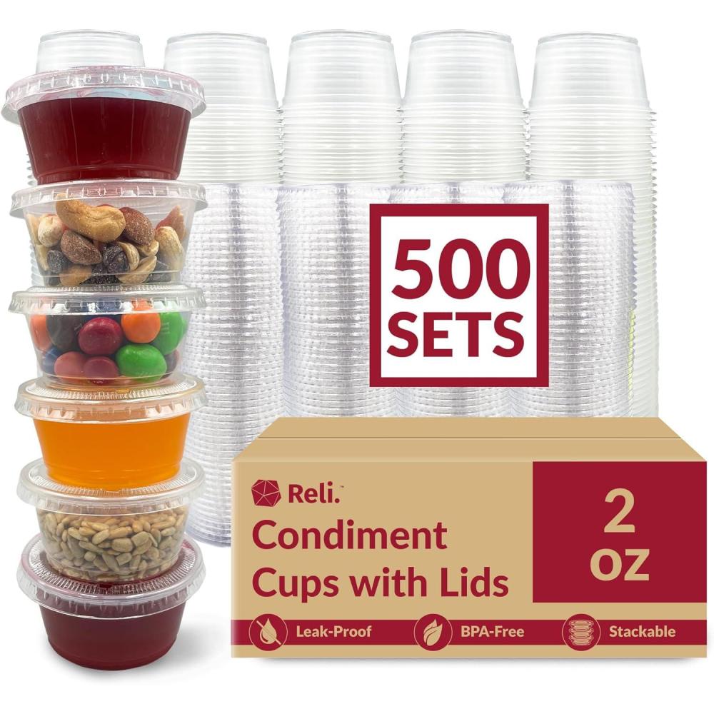 image:imageReli 2 oz Small Containers with Lids 500 Sets Jello Shot Cups with Lids Clear Plastic Condiment Container Portion Cups Sauce Souffle Stackable Bulk