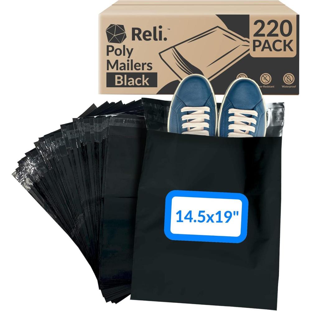 image:imageReli 220 Pcs 145x19 Black Poly Mailers Shipping Bags for Small Business Black Mailing Bags for Shipping Packaging for Clothing NonPadded EnvelopesPolybag Self Sealing