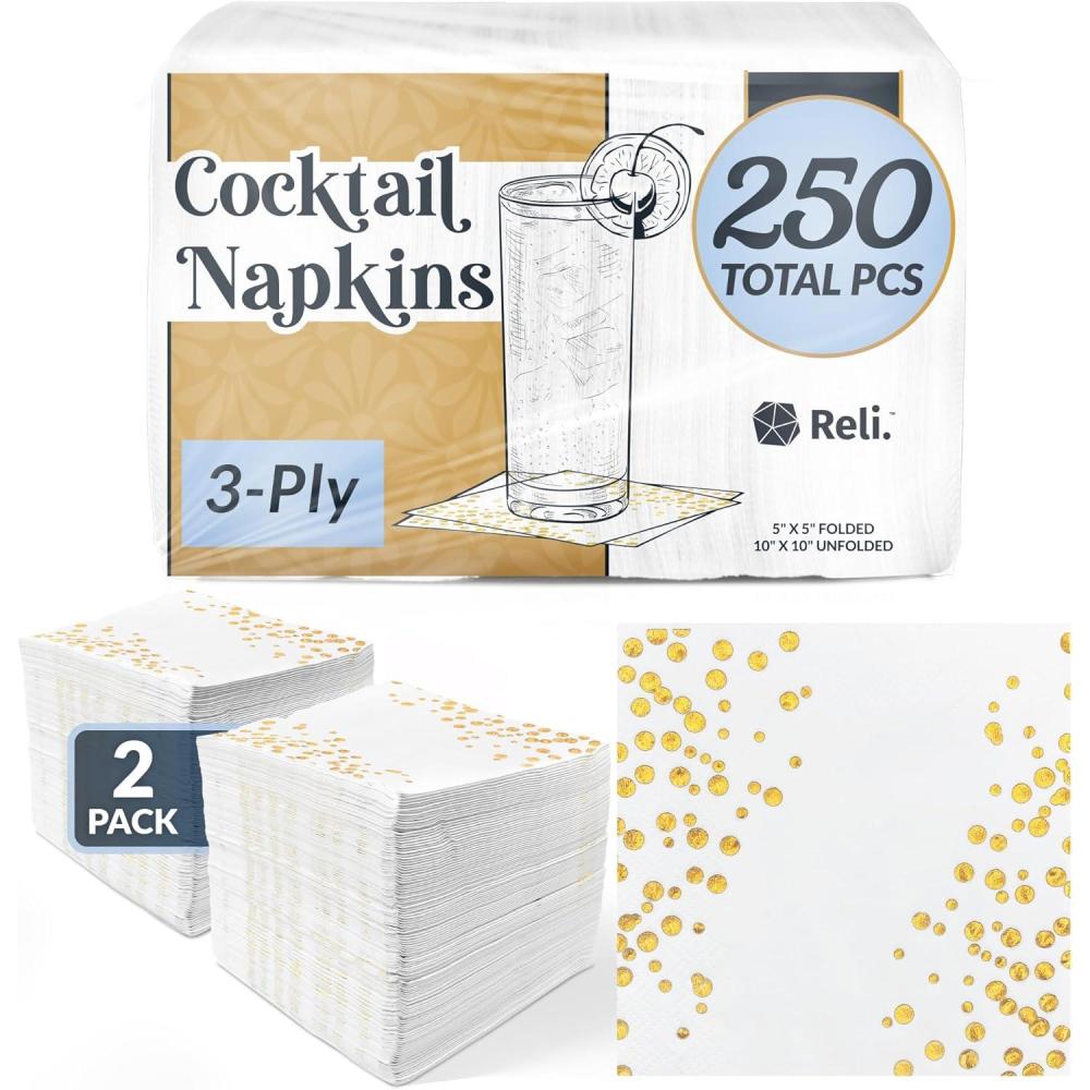 image:imageReli 250 Count Cocktail Napkins 3Ply White and Gold Beverage Napkins  Disposable  5 x 5 in for Small Party Bar Wedding  Use for Coffee Dessert WhiteGold