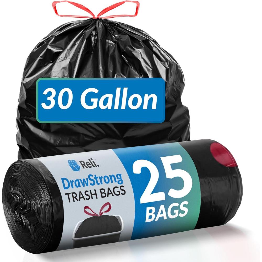 image:imageReli 30 Gallon Trash Bags Drawstring 25 Count  Black Garbage Bags 30 Gallon Heavy Duty  Large for Home amp Outdoor Use  Drawstring