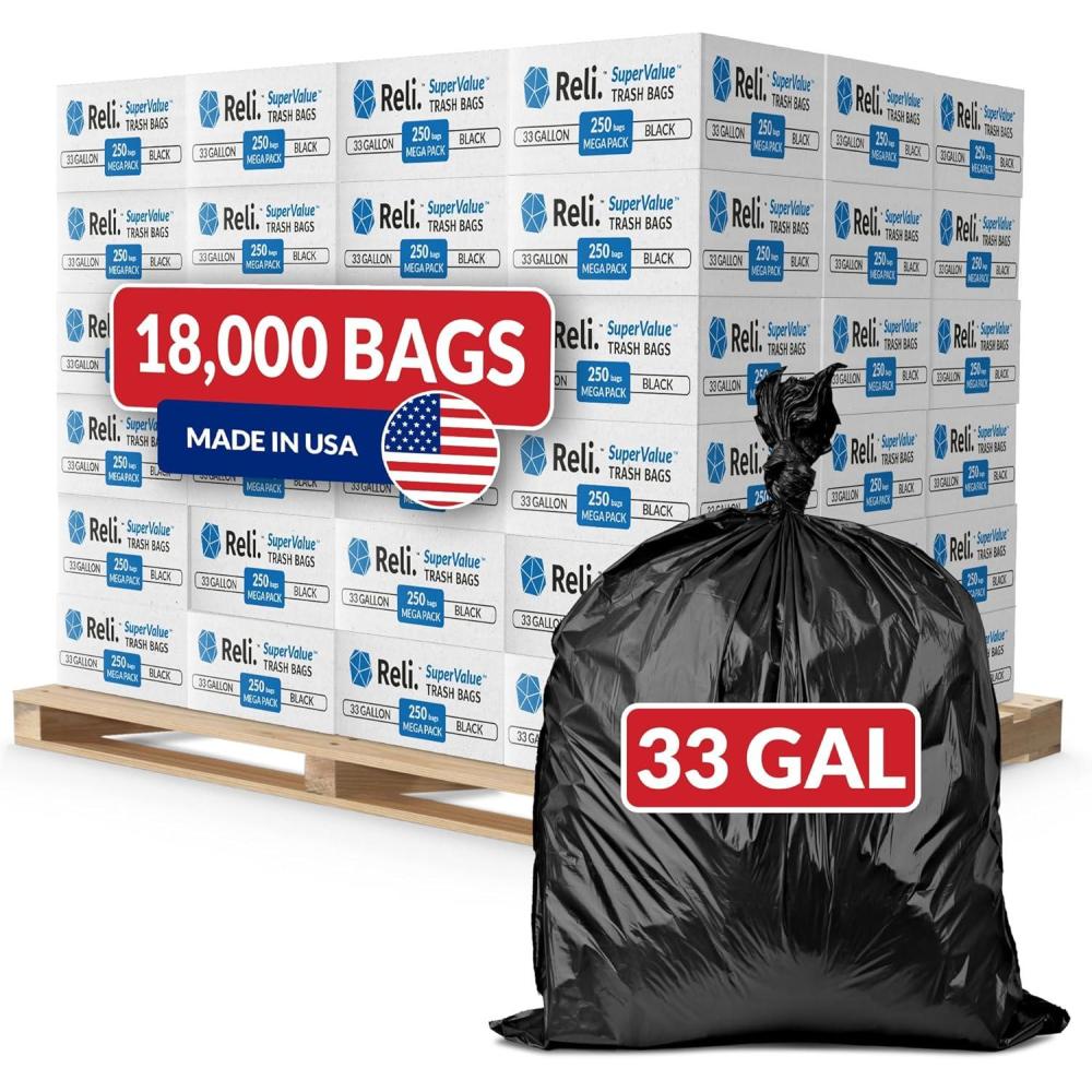 image:imageReli 3033 Gallon Trash Bags Heavy Duty 18000 Total 250 BagsCase 72 CasesPallet Made in USA Black