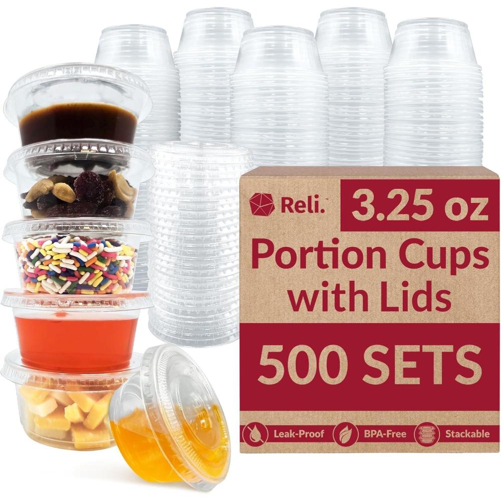 image:imageReli 325 oz Condiment Containers with Lids 500 sets Ideal for Sauce Souffle Samples Jello Shot Cups Disposable BPAFree Plastic Small Containers 325oz Bulk