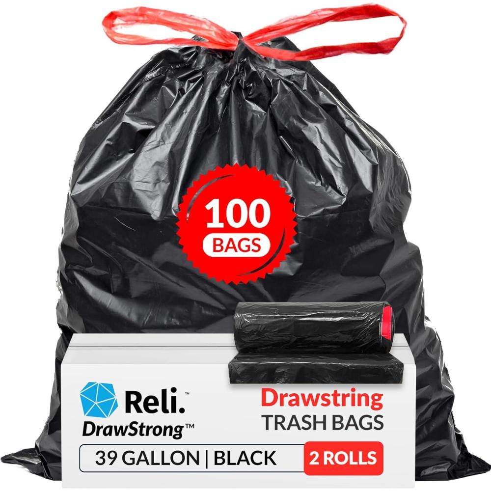 image:imageReli 39 Gallon Trash Bags Drawstring 100 Count Large 39 Gallon Heavy Duty Drawstring Trash Bags Garbage 39Gal Capacity Lawn Leaf 39Gal Black1 Count Pack of 100