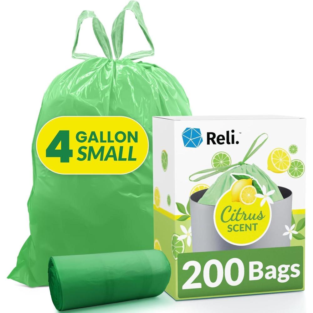image:imageReli 4 Gallon Trash Bags Drawstring 200 Count Bulk Citrus Scented Small Trash Bags Garbage Liners for Bathroom Can 2 Gal 3 Gallon 4 Gal Small Can Liners Green
