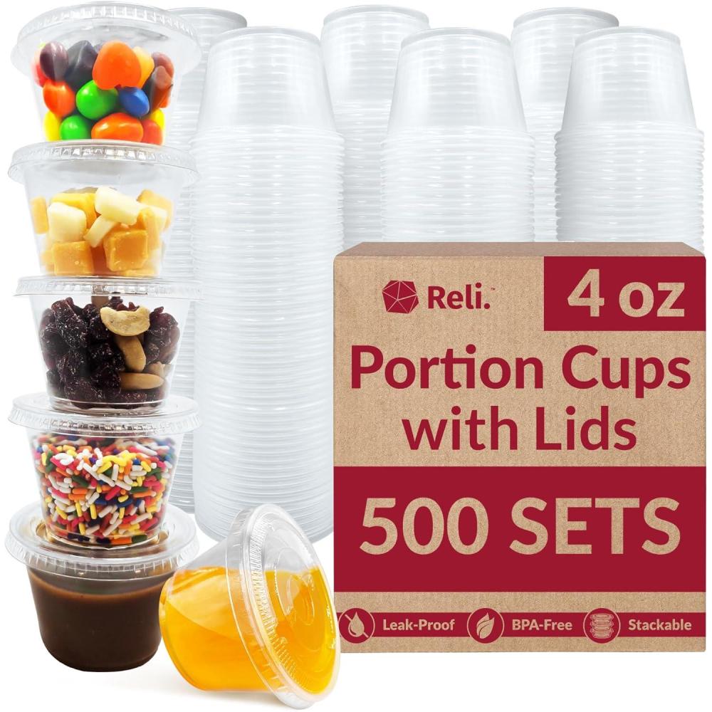 image:imageReli 4 oz Condiment Containers with Lids 500 sets Ideal for Sauce Souffle Samples Jello Shot Cups Disposable BPAFree Plastic Small Containers 4oz Bulk
