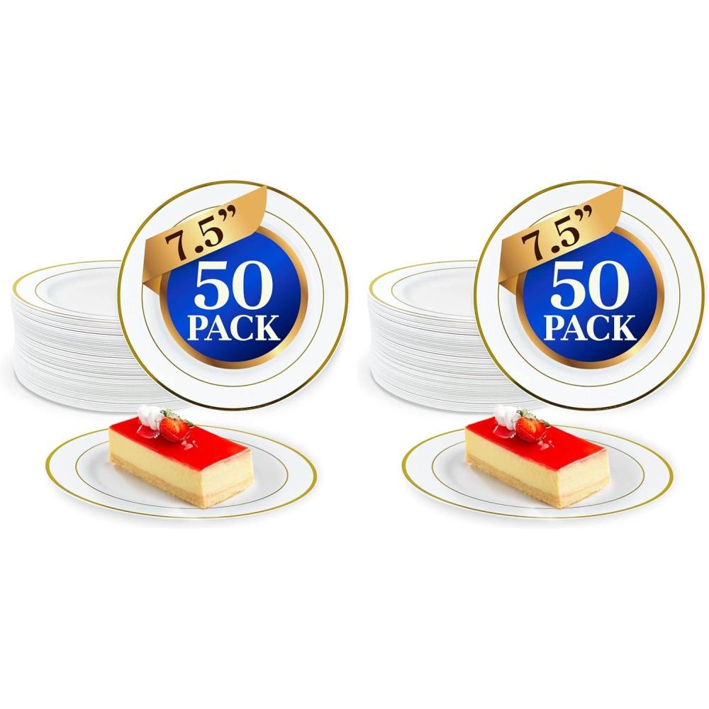 image:imageReli 50 Pcs Plastic Dessert Plates Disposable 75 inch White wGold Rim Small Plates for Party Heavy Duty Hard Plastic for Dessert Wedding Birthday SaladAppetizer 7575 Pack of 2