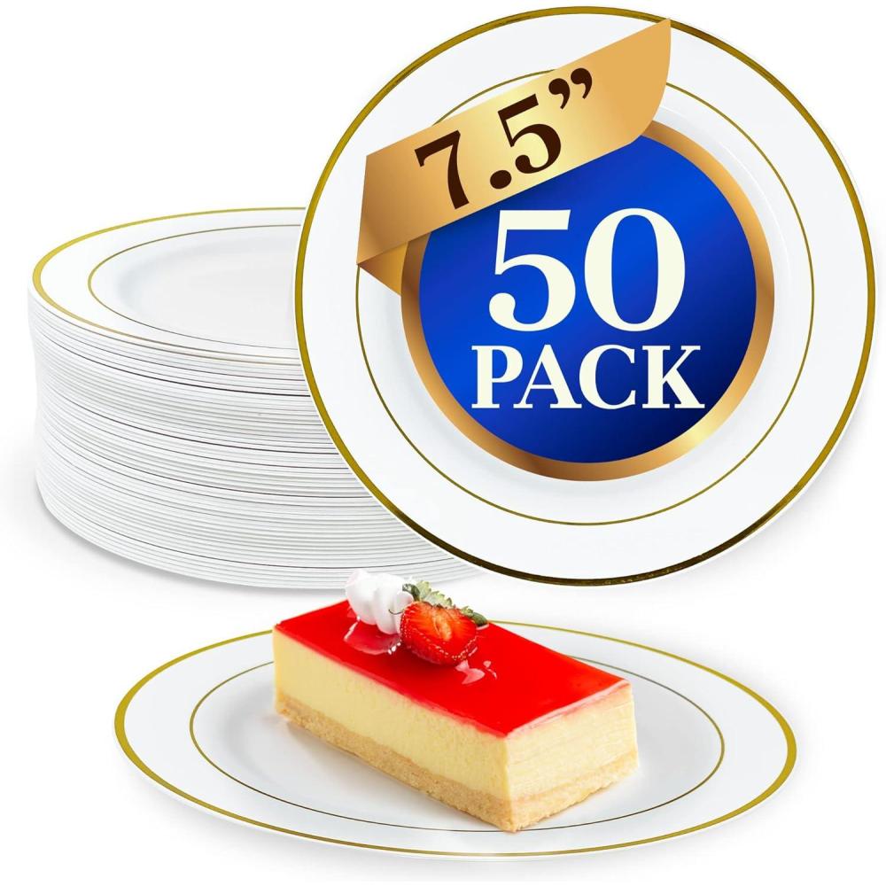 image:imageReli 50 Pcs Plastic Dessert Plates Disposable 75 inch White wGold Rim Small Plates for Party Heavy Duty Hard Plastic for Dessert Wedding Birthday SaladAppetizer 7575