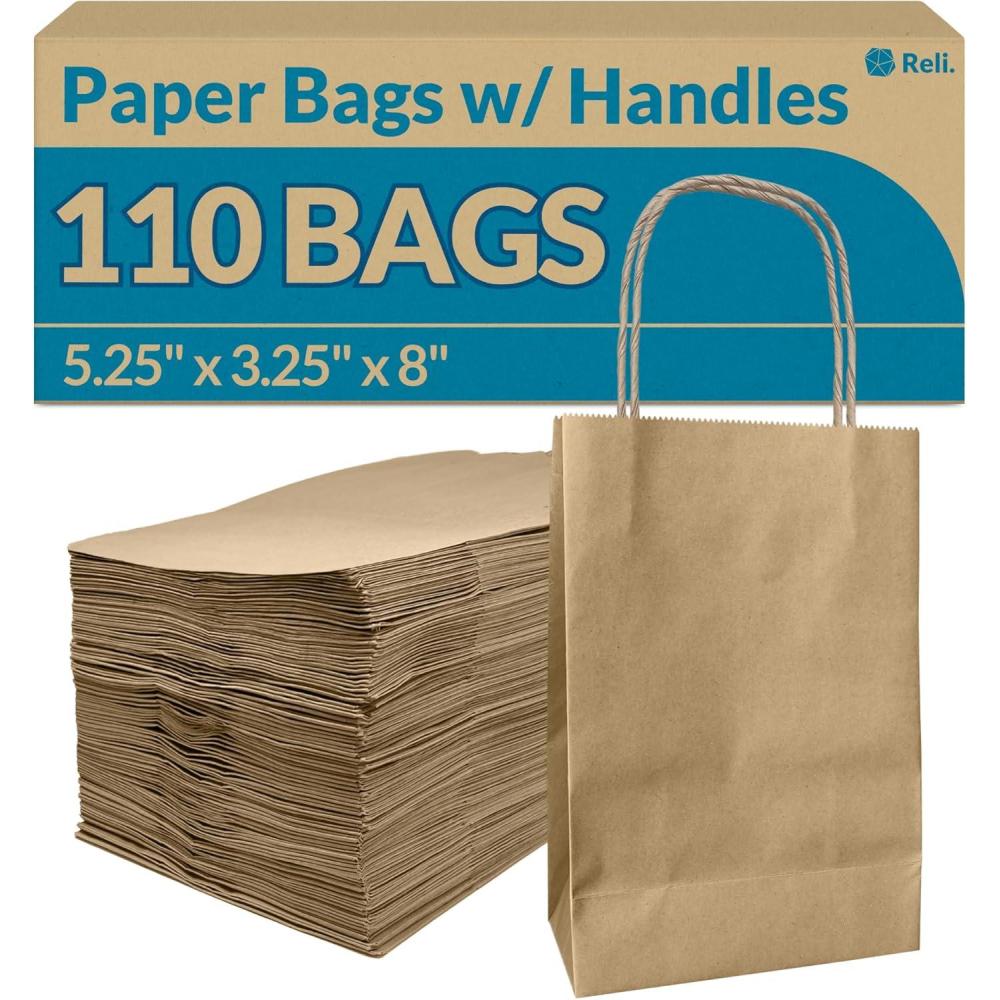 image:imageReli 525x325x8 in Small Paper Bags with Handles 110 Pack Kraft Brown Paper Bags with Twist Handles Bulk Ideal for Gifts Retail Shopping Merchandise Crafts