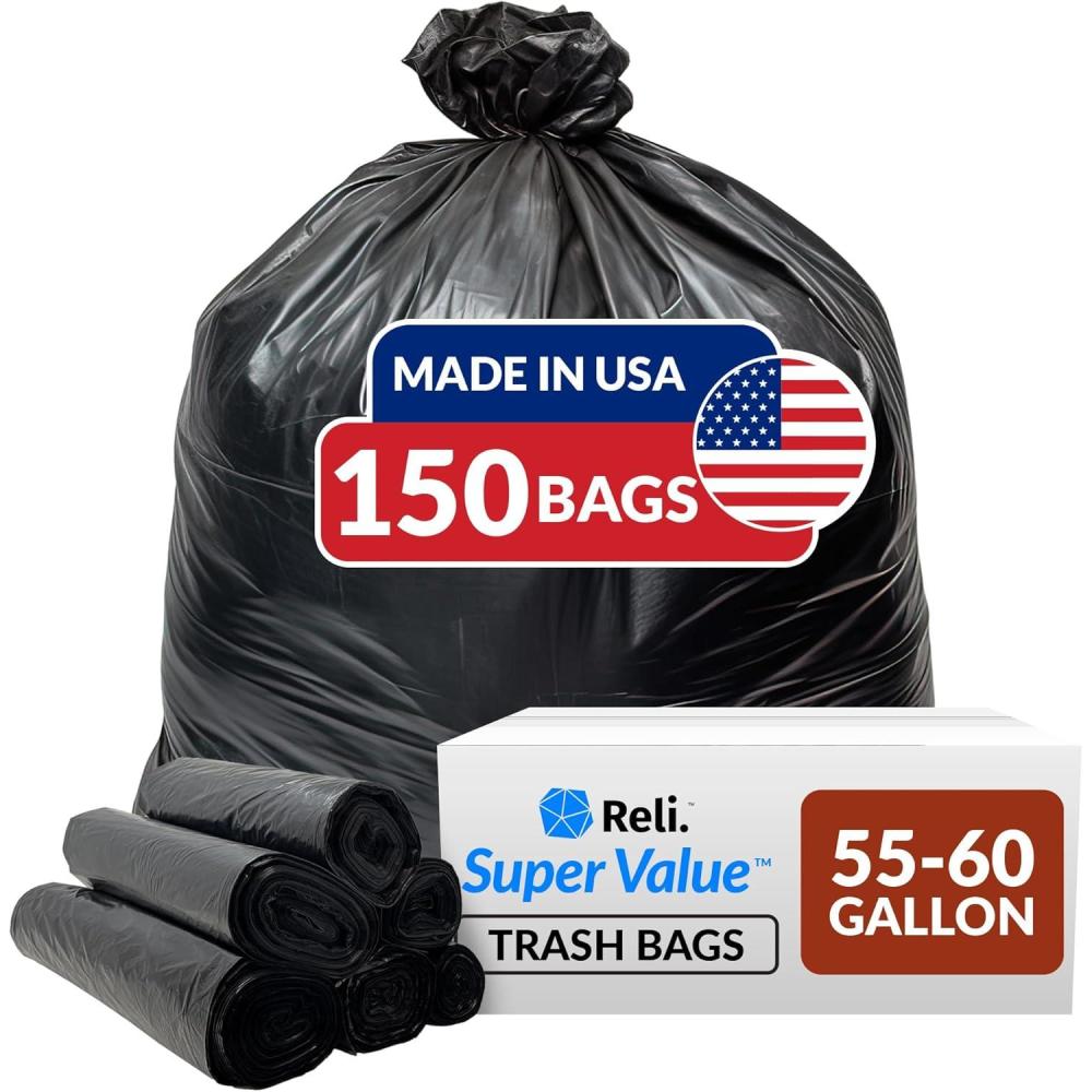 image:imageReli 5560 Gallon Trash Bags Heavy Duty 150 Count 5060 Gallon Large Black Garbage Bags Made in USA