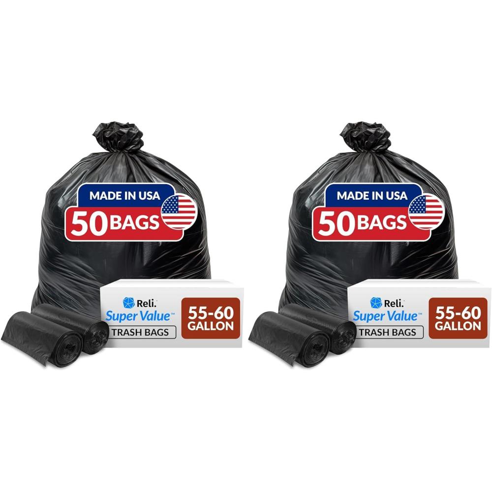 image:imageReli 5560 Gallon Trash Bags Heavy Duty  50 Bags  5060 Gallon  Large Black Garbage  Made in USA1 Count Pack of 100