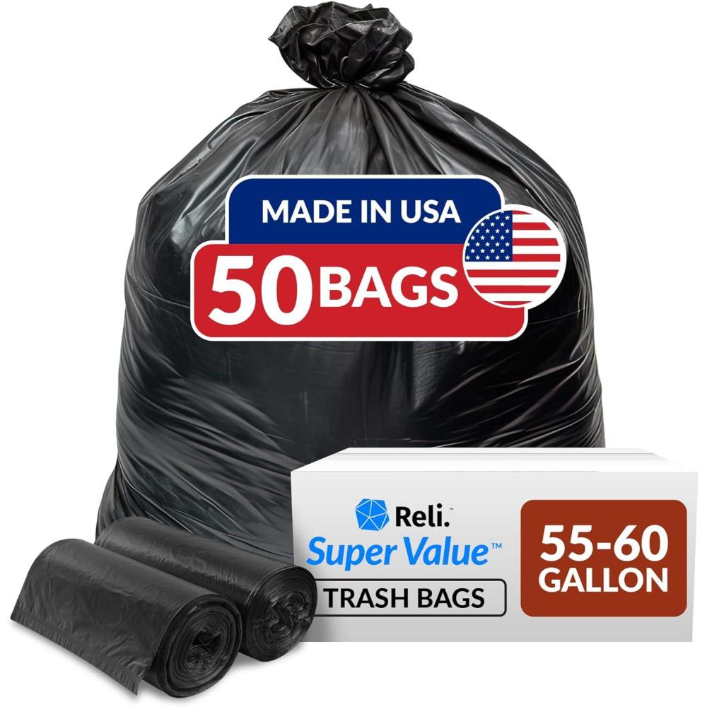 image:imageReli 5560 Gallon Trash Bags Heavy Duty  50 Bags  5060 Gallon  Large Black Garbage  Made in USA1 Count Pack of 50