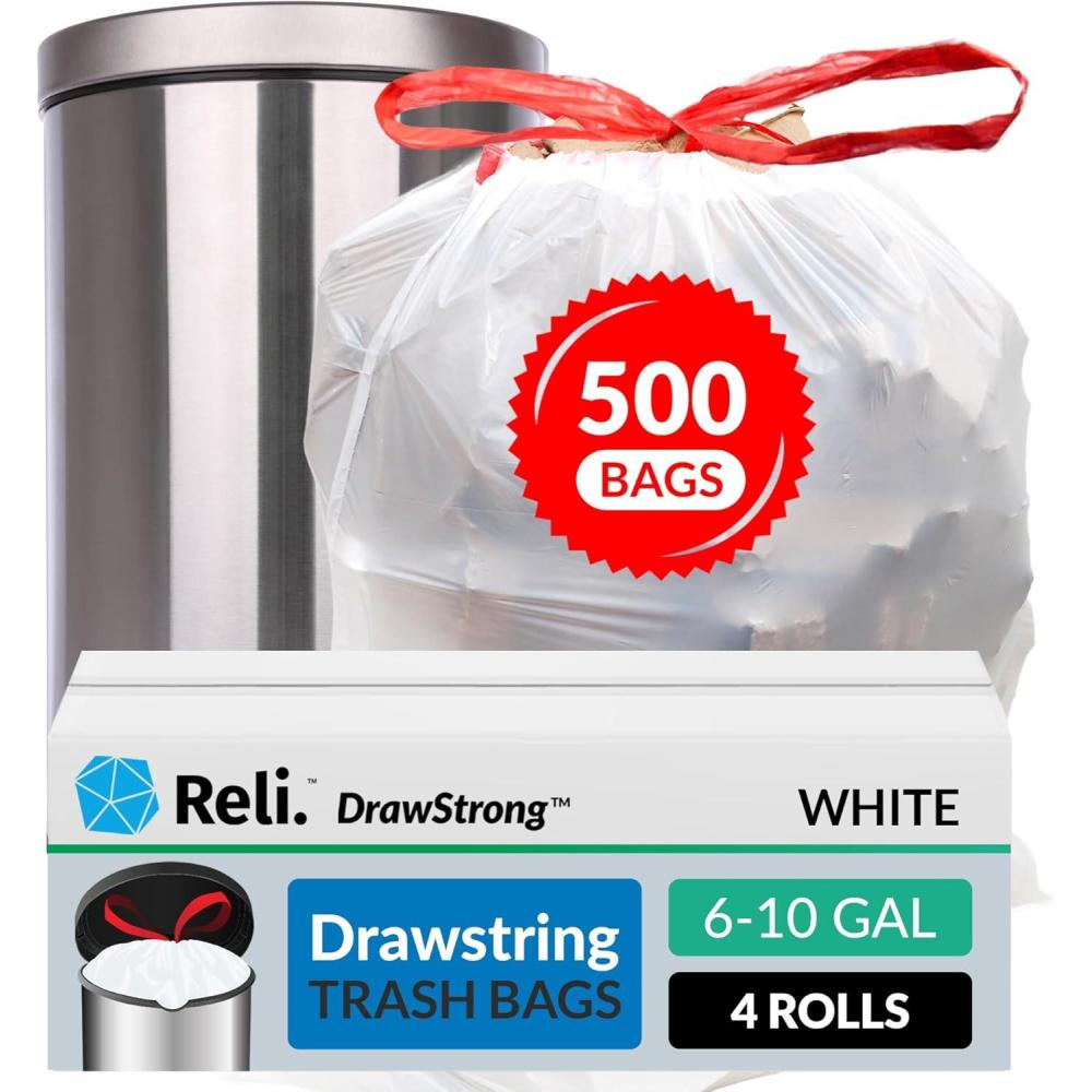 image:imageReli 610 Gallon Trash Bags Drawstring  500 Count Bulk  22x23  6 8 10 Gallon Drawstring Garbage Bags  White Trash Can Liners  Small  Medium