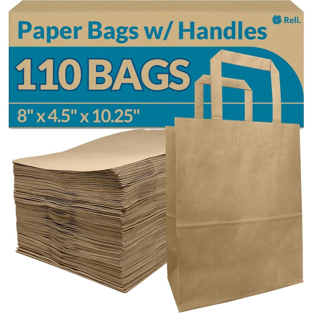 image:imageReli 8x45x1025 in Brown Paper Bags with Handles 110 Pack Kraft Brown Paper Bags with Flat Handles Bulk Ideal for Gifts Retail Shopping Merchandise Crafts