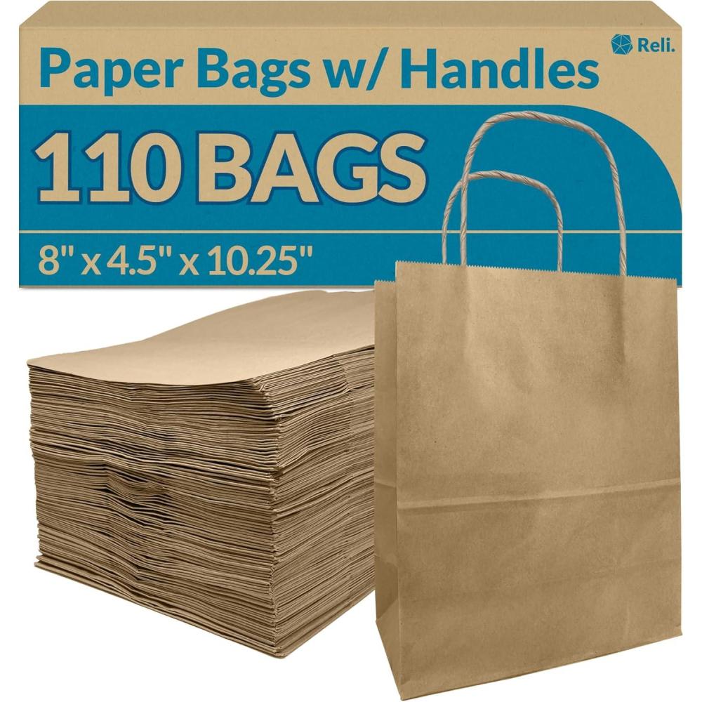 image:imageReli 8x45x1025 in Brown Paper Bags with Handles 110 Pack Kraft Brown Paper Bags with Twist Handles Bulk Ideal for Gifts Retail Shopping Merchandise Crafts