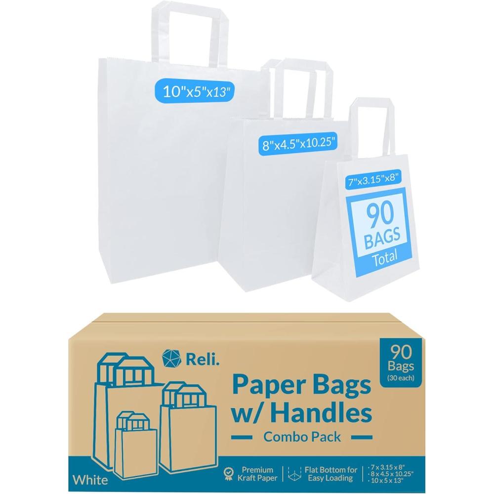 image:imageReli 90 Pack Assorted Sizes White Paper Bags wHandles 7x315x8 8x45x1025 10x5x13 30 Pcs Each Size Paper Bag Combo Pack Retail Shopping Gifts