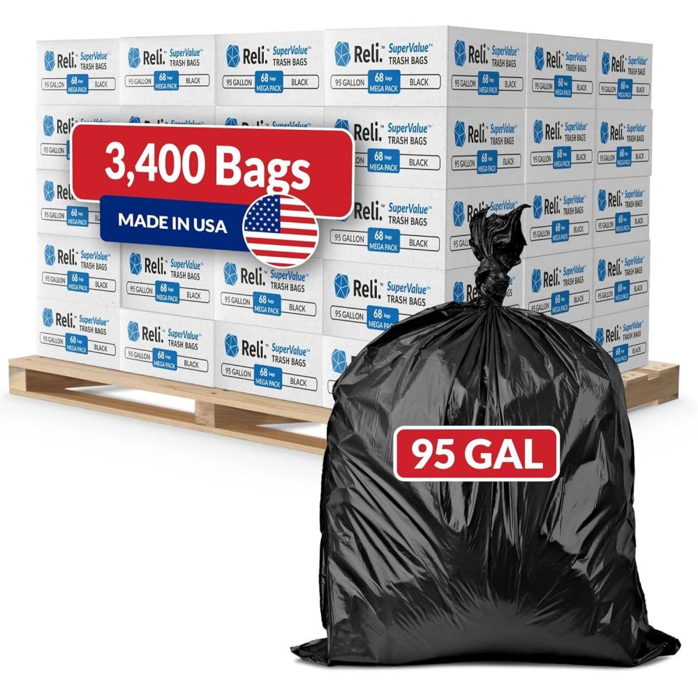 image:imageReli 95 Gallon Trash Bags Heavy Duty 3400 Total 68 BagsCase 50 CasesPallet Made in USA Black