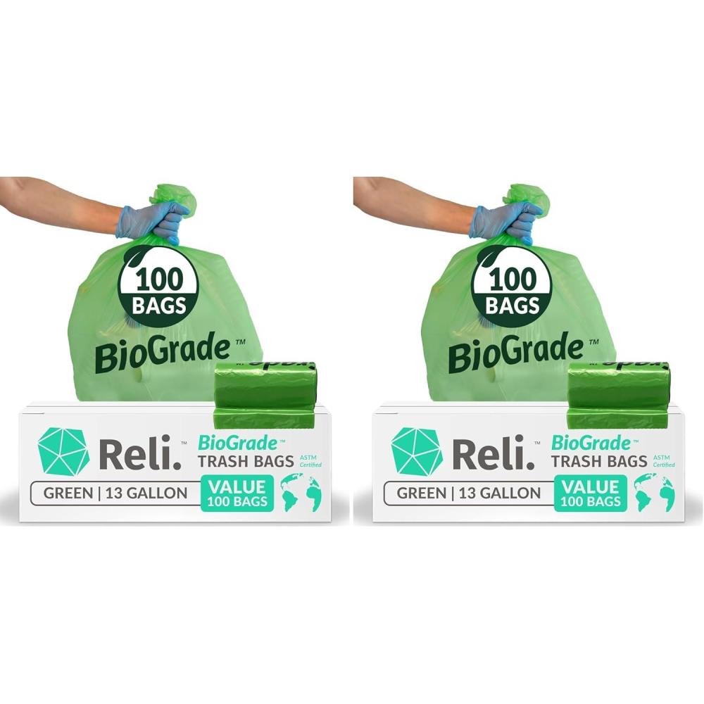 image:imageReli Biodegradable 13 Gallon Trash Bags 100 Count ASTM D6954 Green EcoFriendly Oxobiodegradable Under Certain Conditions See Product Description100 Count Pack of 2