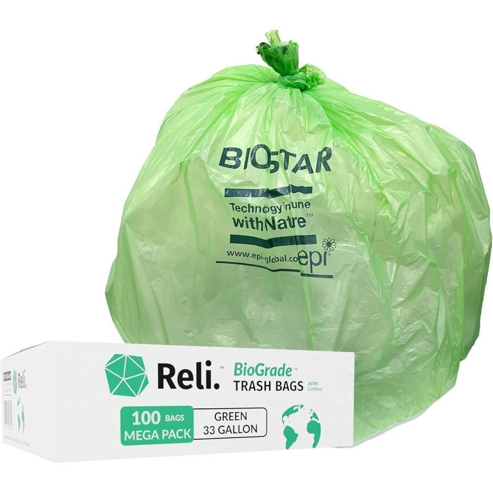 image:imageReli Biodegradable 33 Gallon Trash Bags 100 Count Green Eco Friendly Degradable Under Certain Conditions CustomFit for Compactor