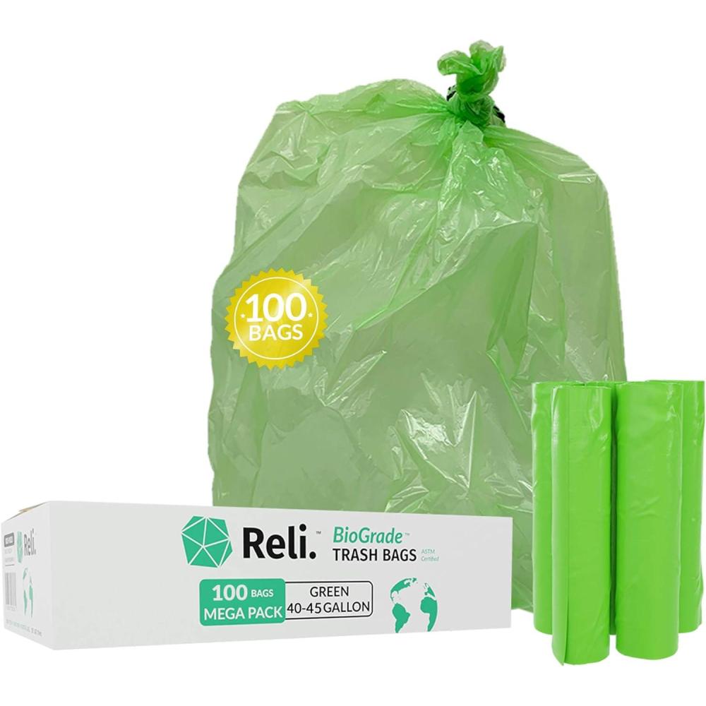 image:imageReli Biodegradable 4045 Gallon Trash Bags 100 Count ASTM D6954 Green EcoFriendly Oxobiodegradable Under Certain Conditions See Product Description