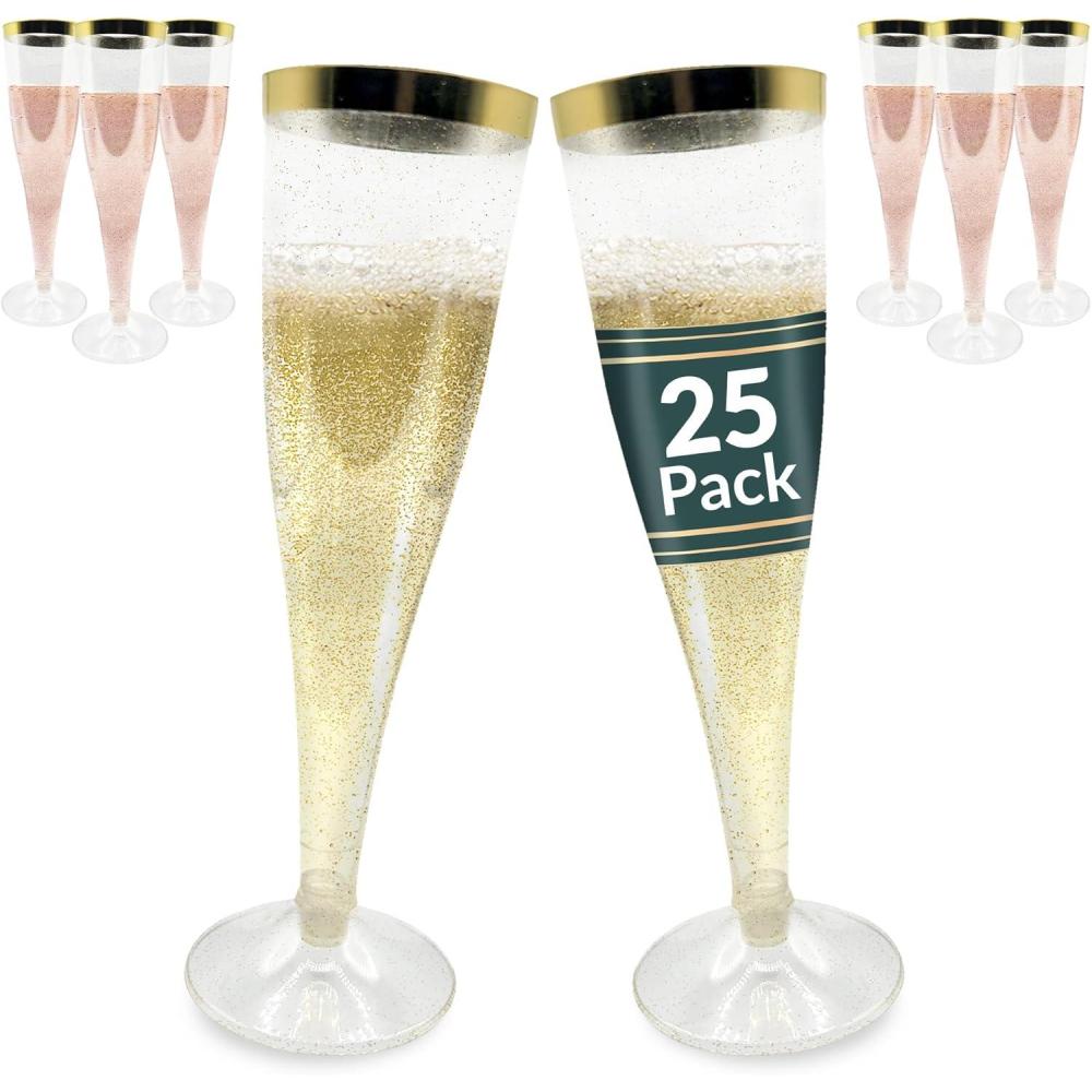 image:imageReli Champagne Flutes Plastic 25 Pack 45 oz Gold Rim amp Glitter Premium Plastic Champagne Flutes PartyPerfect for Celebrations