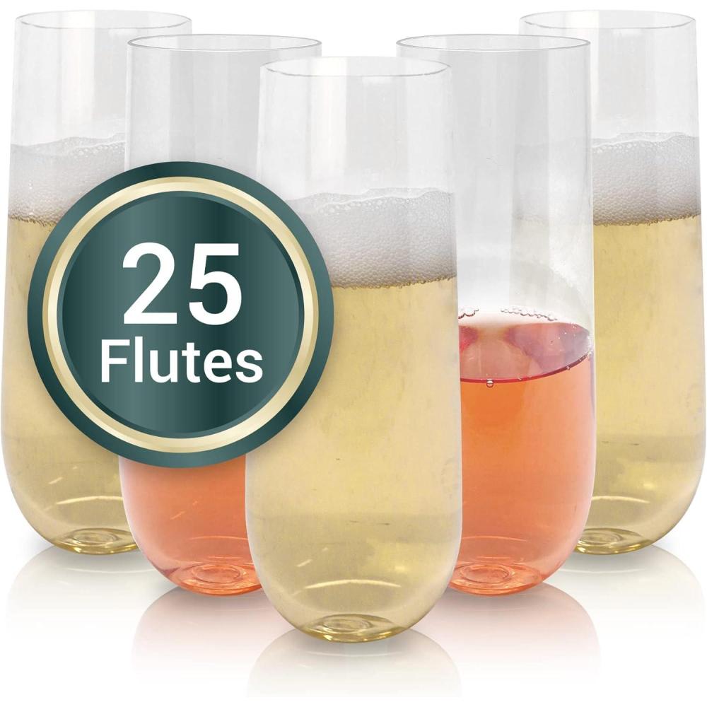 image:imageReli Champagne Flutes Plastic  25 Pack  9 oz  Clear  Stemless Premium Plastic Champagne Flutes  PartyPerfect for Celebrations