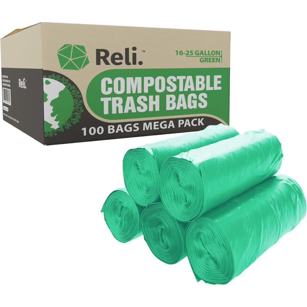 image:imageReli Compostable 1625 Gallon Trash Bags 100 Count Bulk ASTM D6400 Green EcoFriendly For Compost