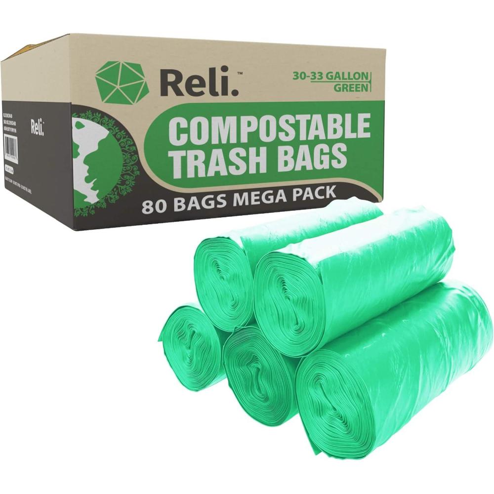 image:imageReli Compostable 33 Gallon Trash Bags 80 Count Bulk ASTM D6400 Green EcoFriendly For Compost