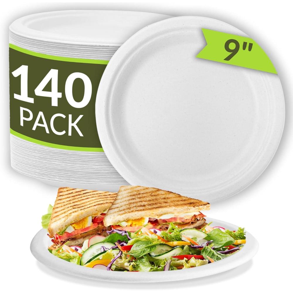 image:imageReli Compostable Paper Plates 9 Inch 140 Pack Bulk White Disposable Plates 9 Heavy Duty Paper EcoFriendly Made of Sugarcane FibersBagasse BiodegradableCompostable