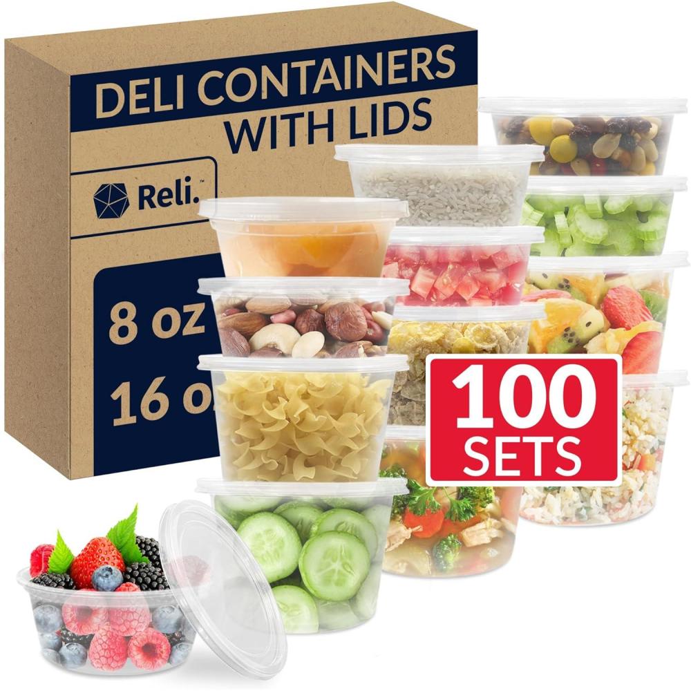 image:imageReli Deli Containers with Lids 100 Sets Total Variety Pack 8oz 50 pc 16oz 50 pc wLids Plastic Soup Container with Lid Clear Food Storage Microwave amp Freezer Safe