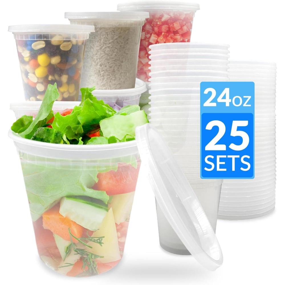 image:imageReli Deli Containers with Lids 25 Sets 24 oz Plastic Containers with Lids  Plastic Soup Cups for To Go Meal Prep Food Storage  BPA Free amp Disposable  Microwave Dishwasher Freezer Safe