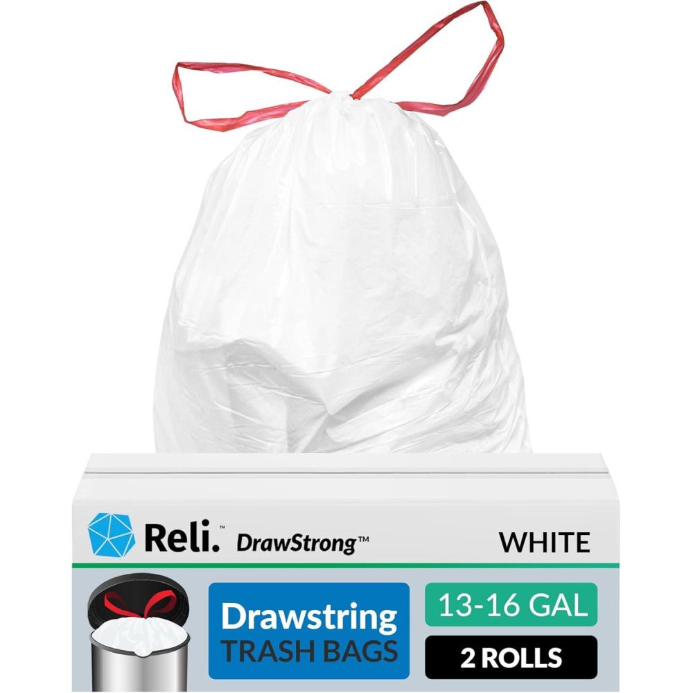 image:imageReli Drawstring Trash Garbage Bags Tall Kitchen 250 Count Bulk White 13 Gallon 16 Gallon Capacity