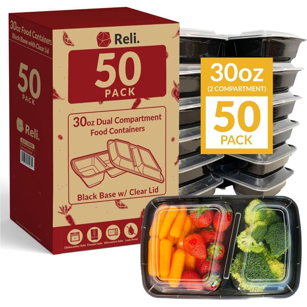 image:imageReli Meal Prep Containers 30 oz 50 Pack Black 2 Compartment Food Container with Lid Microwavable Food Storage Black Reusable Bento BoxLunch Box for Meal Prep 30 oz